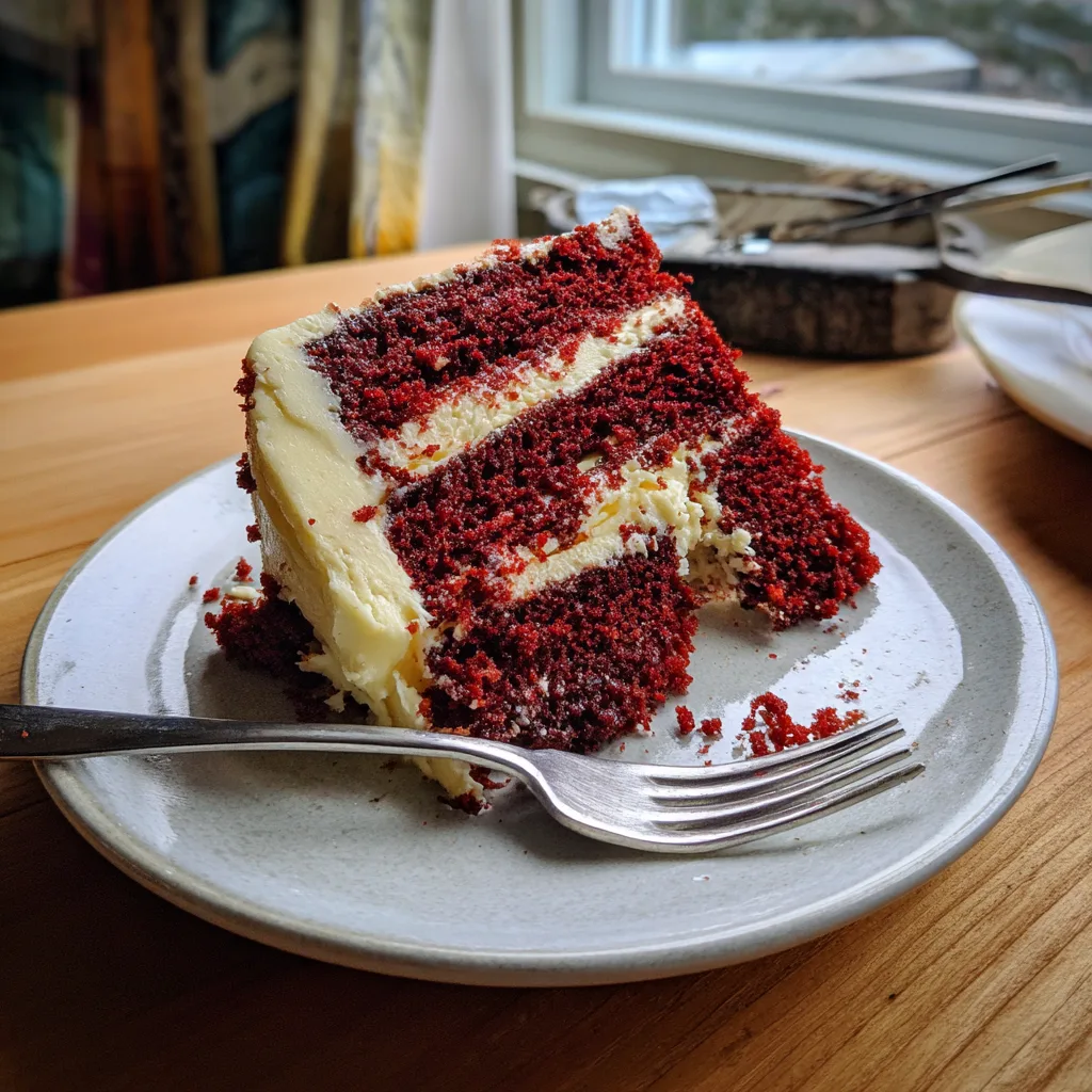 RED VERed Velvet Cake Bliss: My Best Creamy & Decadent TreatLVET CAKE 5 Slice of Red Velvet Cake on plate amateur photo iPhone 16 Pro