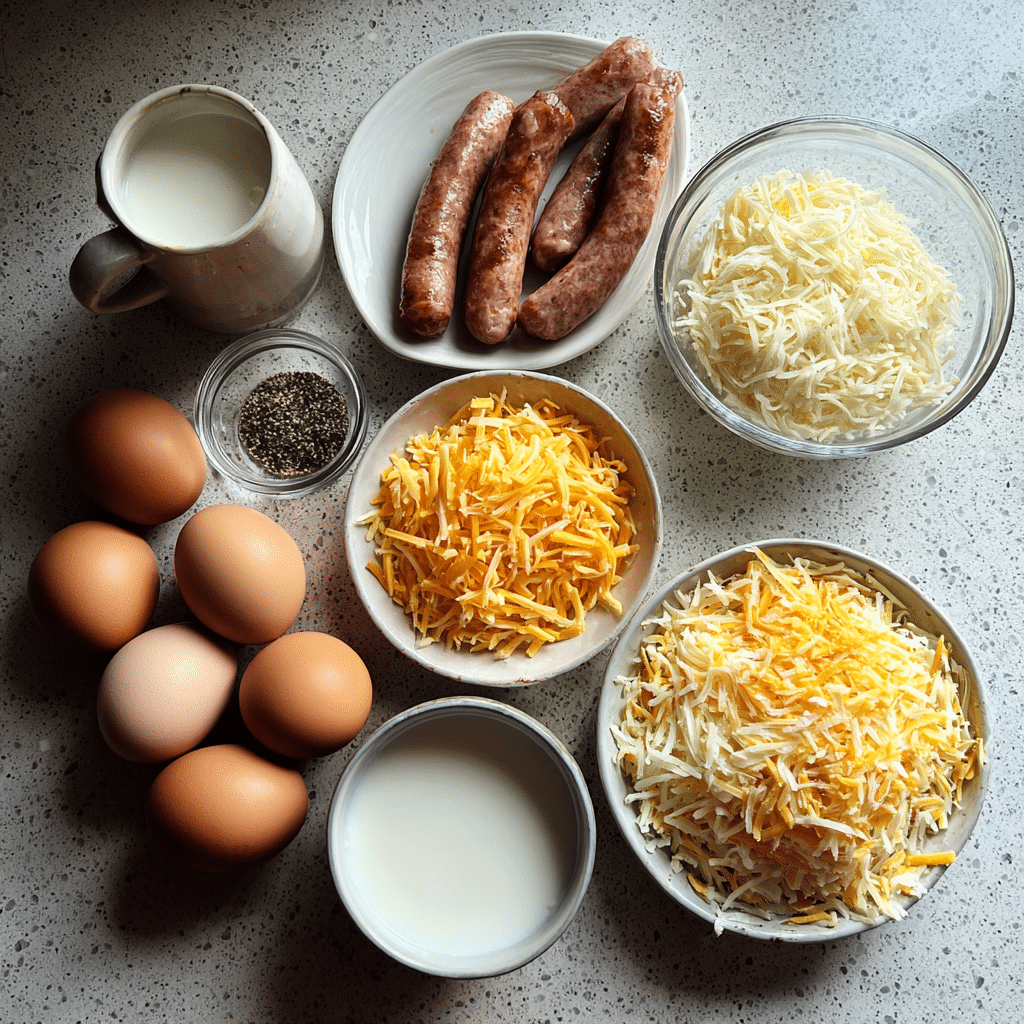 Delicious Cheesy Sausage Breakfast Casserole – A Savory Morning Delight 3 Ingredients for Cheesy Sausage Breakfast Casserole on kitchen counter