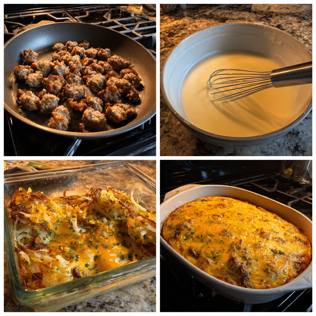 Delicious Cheesy Sausage Breakfast Casserole – A Savory Morning Delight 4 Step-by-step collage of Cheesy Sausage Breakfast Casserole preparation
