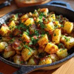 Bangin’ Breakfast Potatoes – crispy golden potatoes with bacon and garlic in a skillet