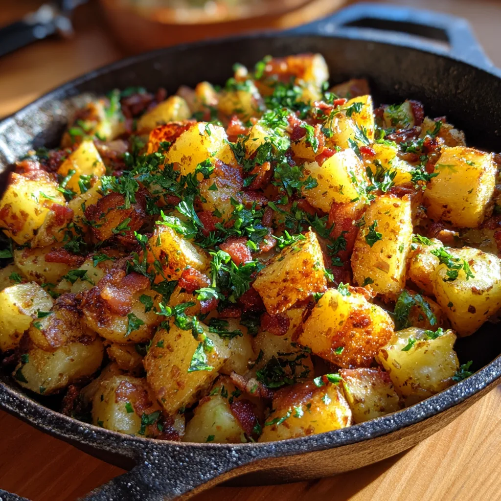 Bangin’ Breakfast Potatoes: Irresistibly Crispy Savory Brunch Delight 2 Bangin’ Breakfast Potatoes – crispy golden potatoes with bacon and garlic in a skillet