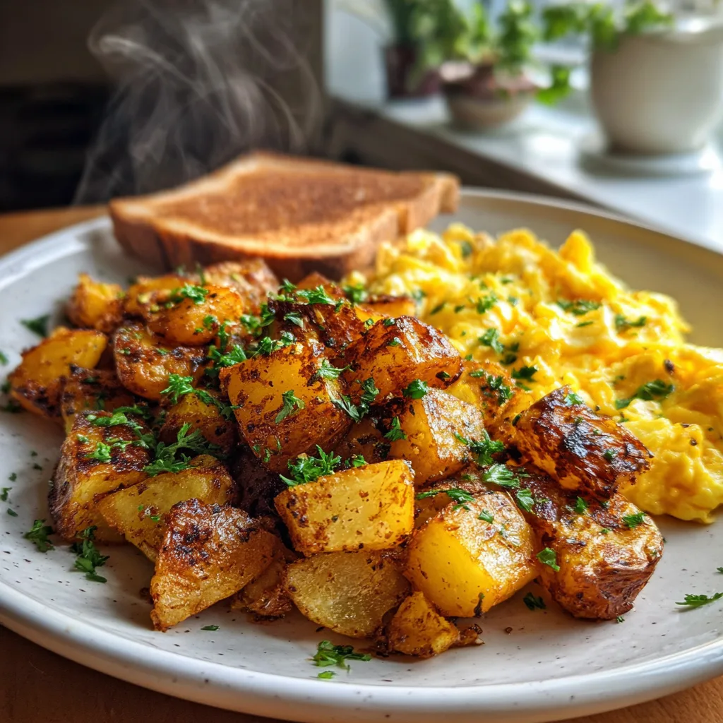 Bangin’ Breakfast Potatoes: Irresistibly Crispy Savory Brunch Delight 5 Serving Bangin’ Breakfast Potatoes with eggs and toast – homemade breakfast plate