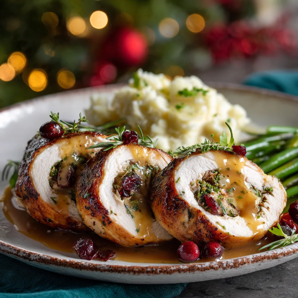 Best Christmas Stuffed Turkey Breast: Festive, Flavorful Centerpiece for Your Holiday Table 5 Sliced Christmas stuffed turkey breast served with gravy and festive sides