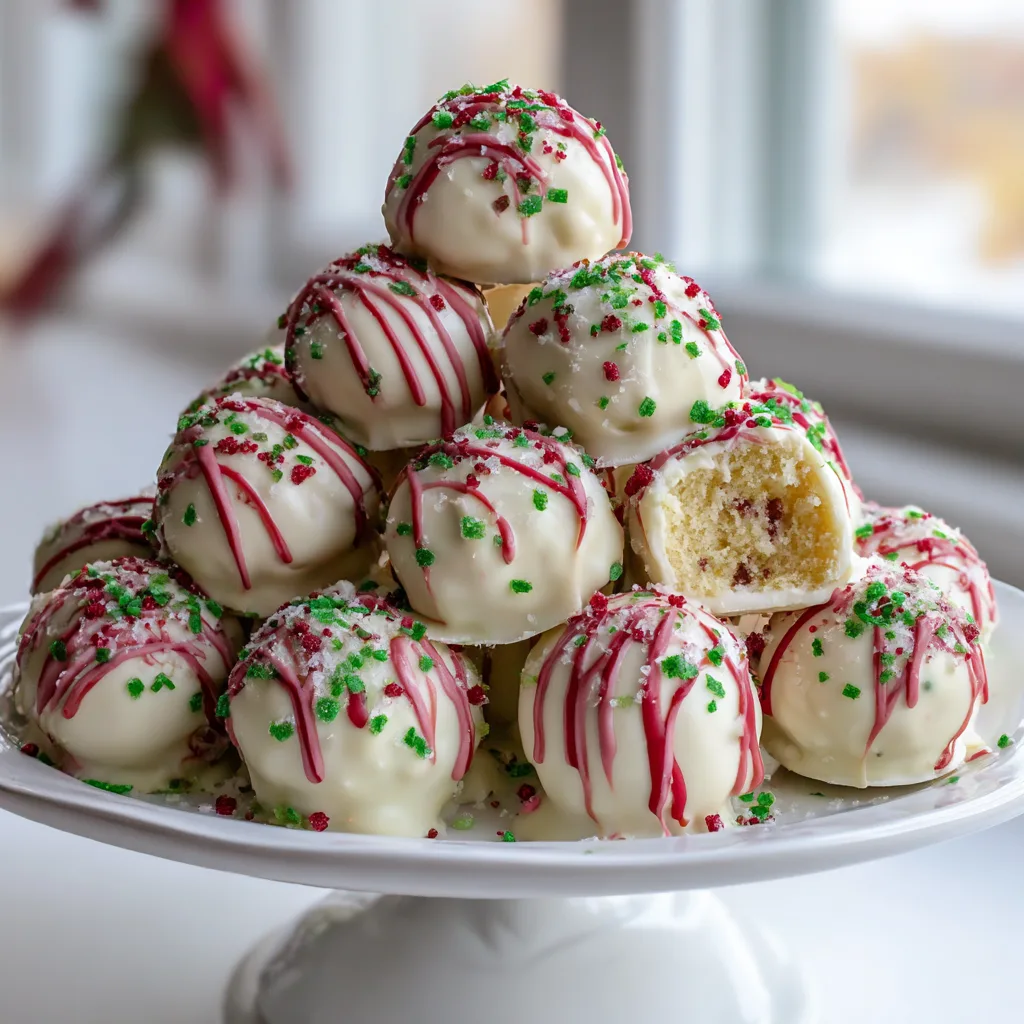 Christmas Tree Cake Delight: Festive Mini Treats to Spark Holiday Joy 2 Christmas Tree Cake truffles on white stand with red drizzle and green sanding sugar