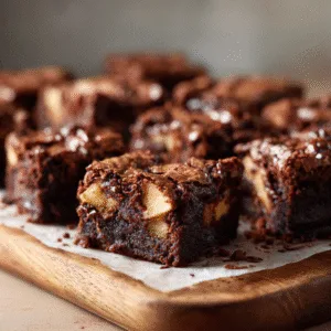 Apple Brownie Bites on a wooden board showing gooey chocolate and apple chunks