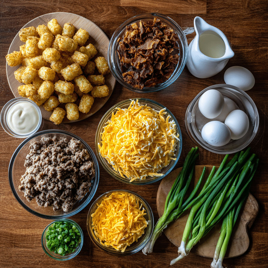 Cracked Out Tater Tot Breakfast Casserole: A Flavor-Packed Start to Your Morning 3 Ingredients for Cracked Out Tater Tot Breakfast Casserole casually arranged on a kitchen table