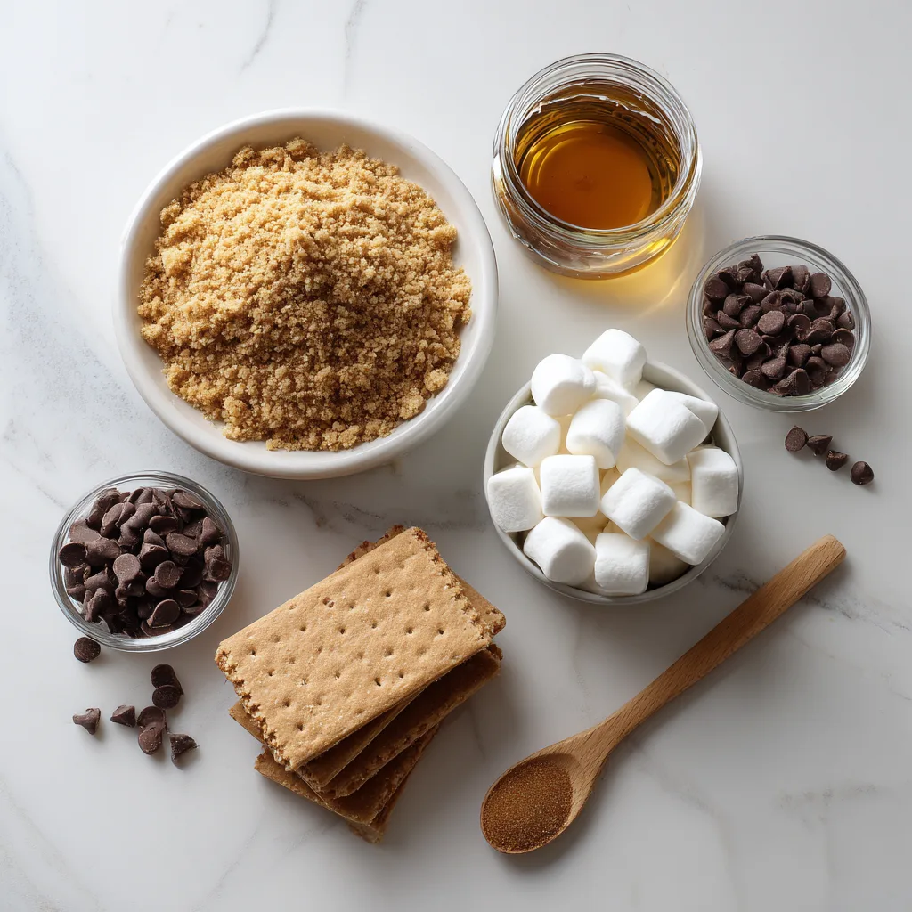 Winter S’mores Bars: Irresistible Thanksgiving Desserts for Cozy Gatherings 3 Winter S’mores Bars ingredients laid out on white marble
