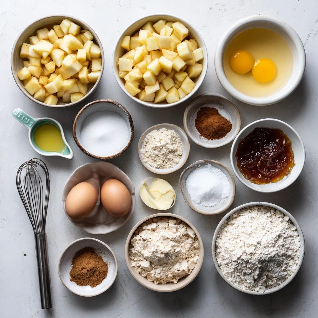 Ingredients for Apple Blondies with Brown Butter Frosting arranged on countertop