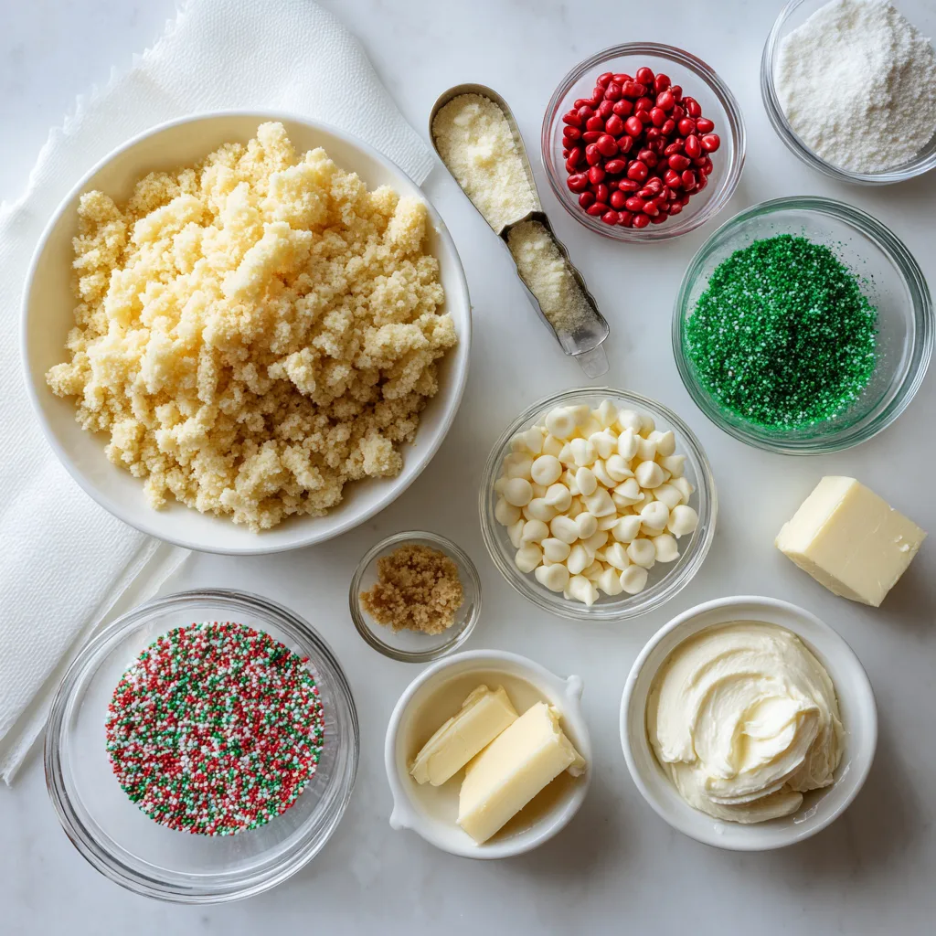 Christmas Tree Cake Delight: Festive Mini Treats to Spark Holiday Joy 3 Ingredients for Christmas Tree Cake truffles—tree cakes, white chocolate, red melts, green sanding sugar, and sprinkles.