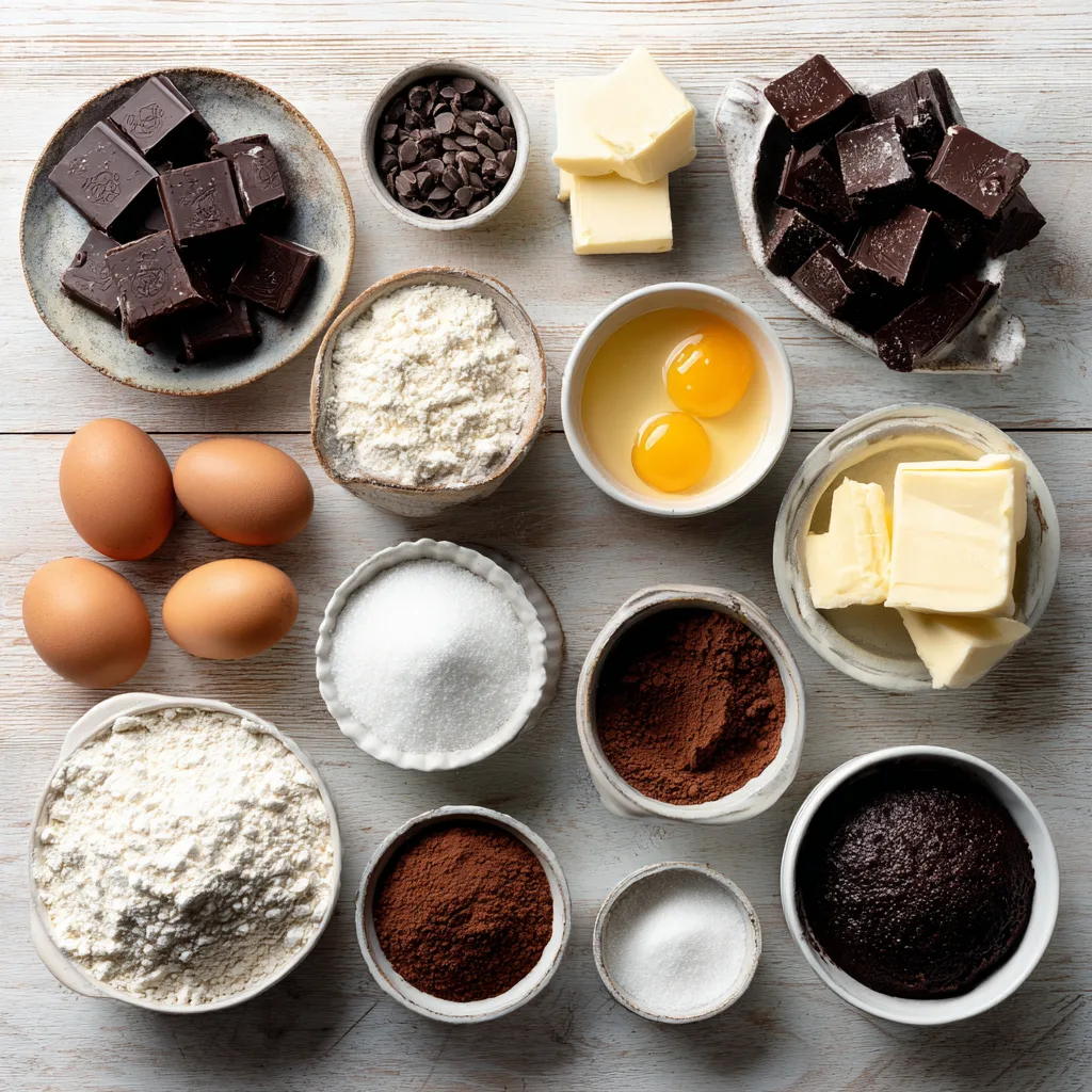 Hot Chocolate Lava Cakes: The Ultimate Thanksgiving Desserts With Gooey Goodness 3 Hot Chocolate Lava Cake ingredients arranged on a wooden table