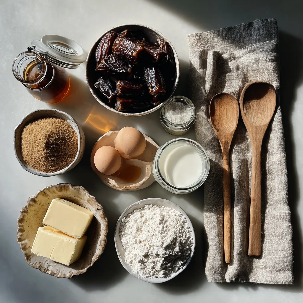 Sticky Toffee Pudding, the Ultimate Fall Treat for Thanksgiving Desserts 3 Sticky Toffee Pudding ingredients on counter – butter, dates, sugar, and cream