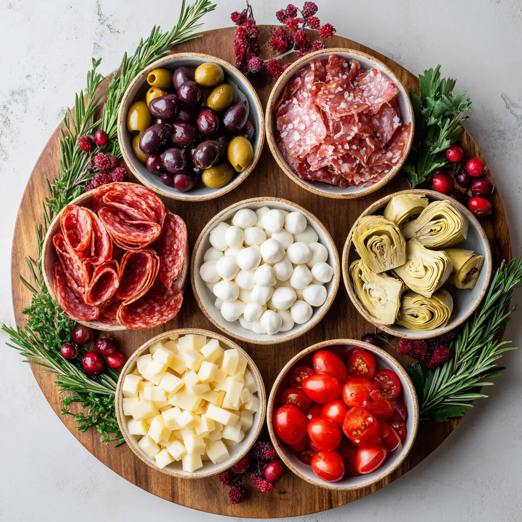 Christmas Antipasto Wreath Platter ingredients displayed on wooden board