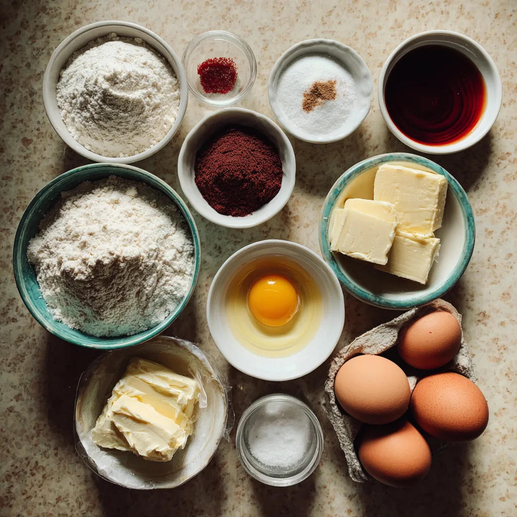 RED VERed Velvet Cake Bliss: My Best Creamy & Decadent TreatLVET CAKE 3 Red Velvet Cake ingredients on kitchen counter amateur photo