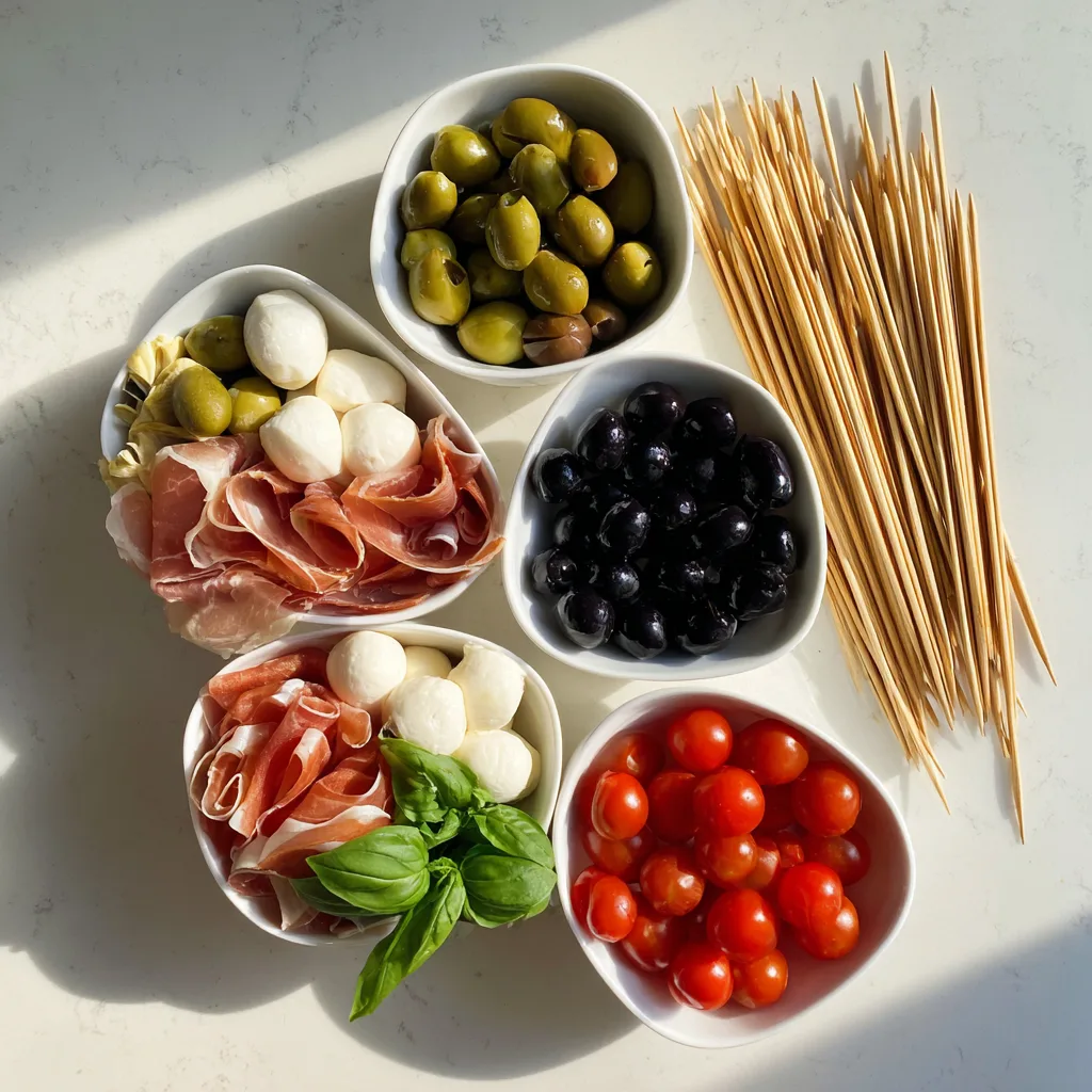Ingredients for Italian Antipasto Skewers with Mozzarella & Olives on white surface