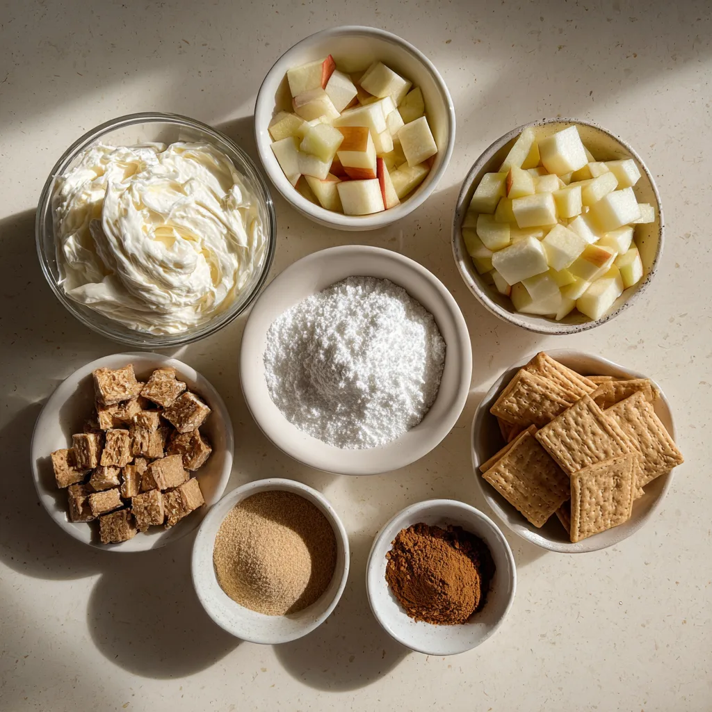 Baked Apple Cheesecake Dip: Irresistible Thanksgiving Desserts Treat 3 Ingredients for Baked Apple Cheesecake Dip arranged on a countertop