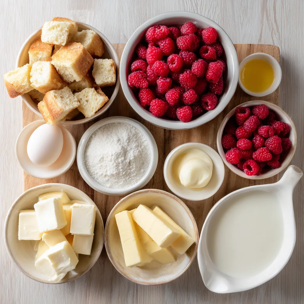White Chocolate Raspberry Bread Pudding: A Sweet Thanksgiving Desserts Sensation 3 Ingredients for White Chocolate Raspberry Bread Pudding on a wooden table