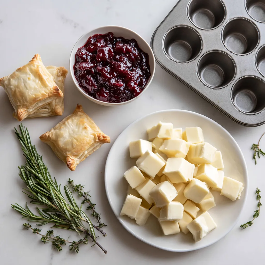 Baked Cranberry Brie Cups with Rosemary: A Festive Christmas Appetizers Hit! 3 Ingredients for Baked Cranberry Brie Cups with Rosemary – puff pastry, brie, cranberry sauce