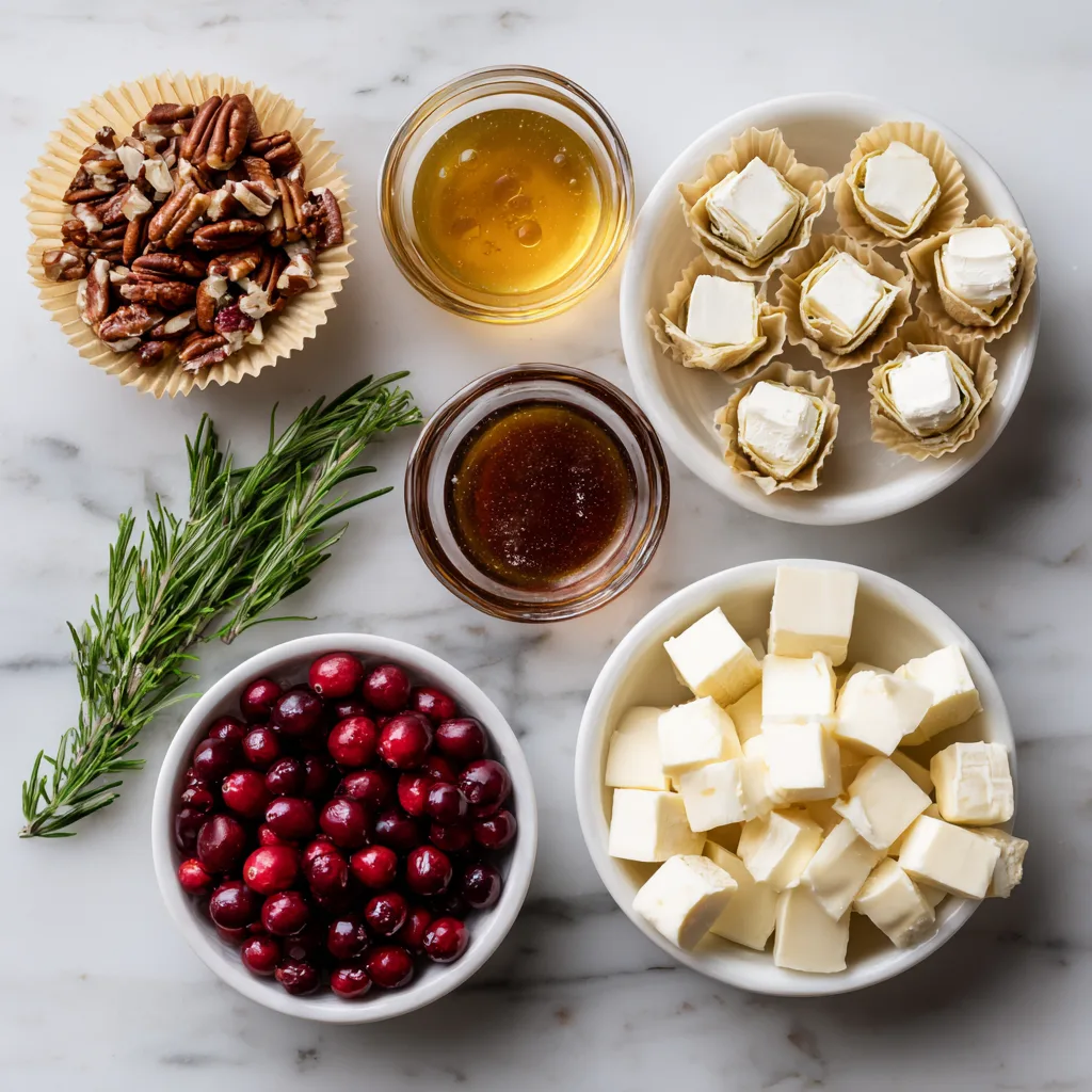 Cranberry, Brie & Pecan Phyllo Cups: Irresistible Christmas Appetizers for Your Festive Spread 3 Ingredients for Cranberry, Brie & Pecan Phyllo Cups with phyllo shells, brie, cranberries, and pecans