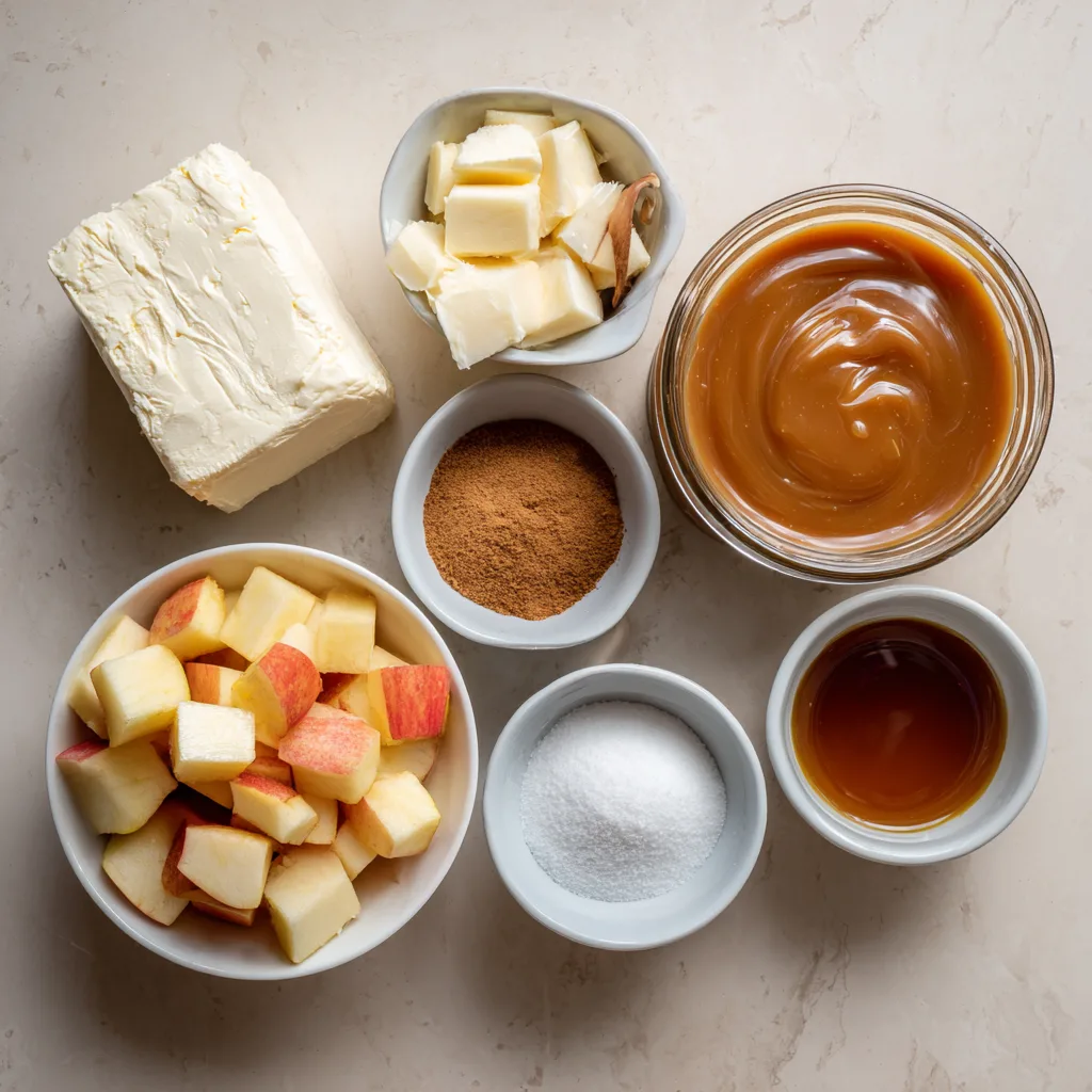 Cream Cheese Caramel Apple Dip Brings Sweet Joy to Thanksgiving Desserts 3 Ingredients for Cream Cheese Caramel Apple Dip on a kitchen counter