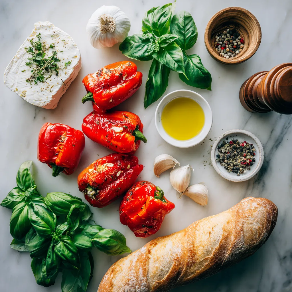 Ingredients for Italian Roasted Pepper Crostini including red peppers, goat cheese, basil, and baguette slices