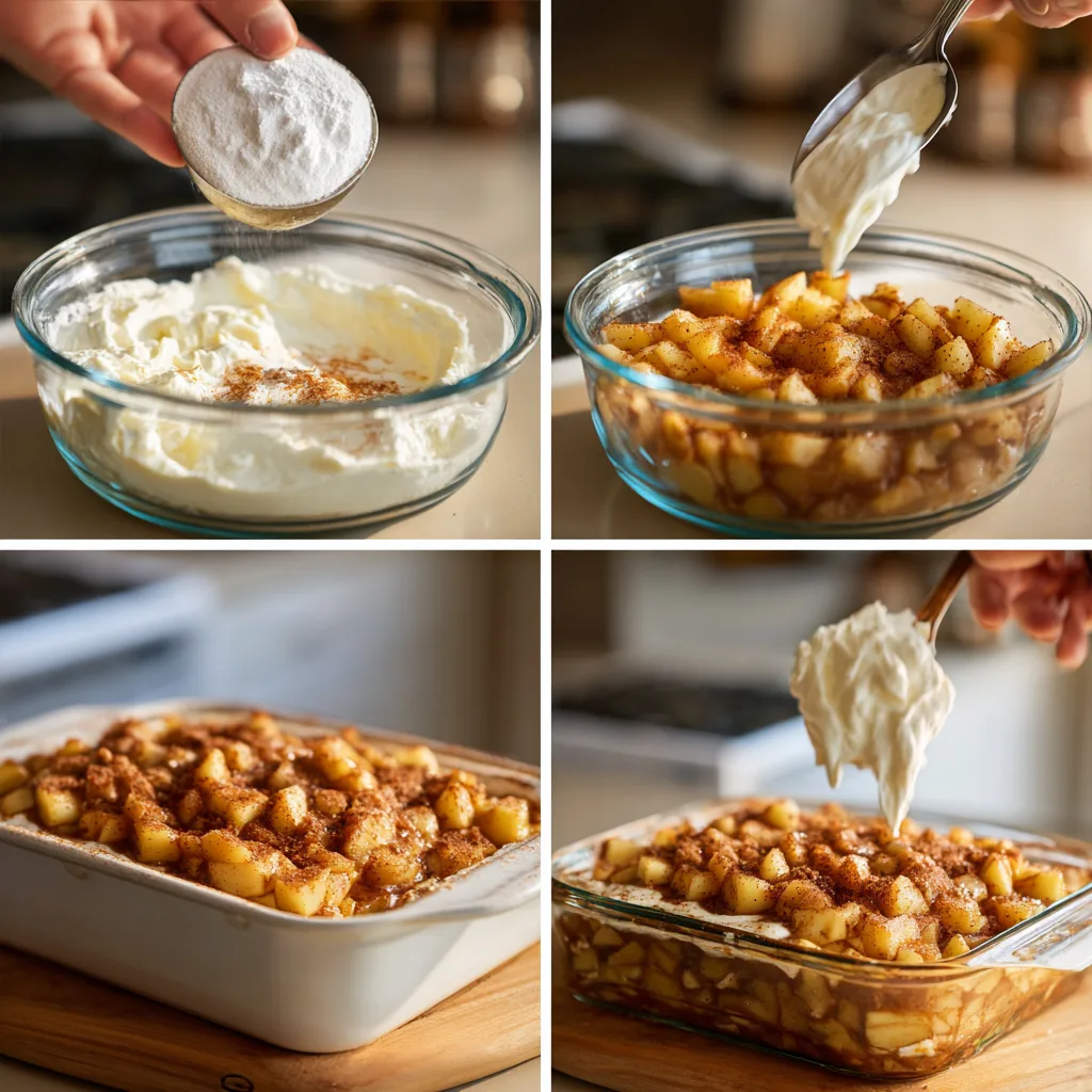 Baked Apple Cheesecake Dip: Irresistible Thanksgiving Desserts Treat 4 Step-by-step collage showing how to make Baked Apple Cheesecake Dip
