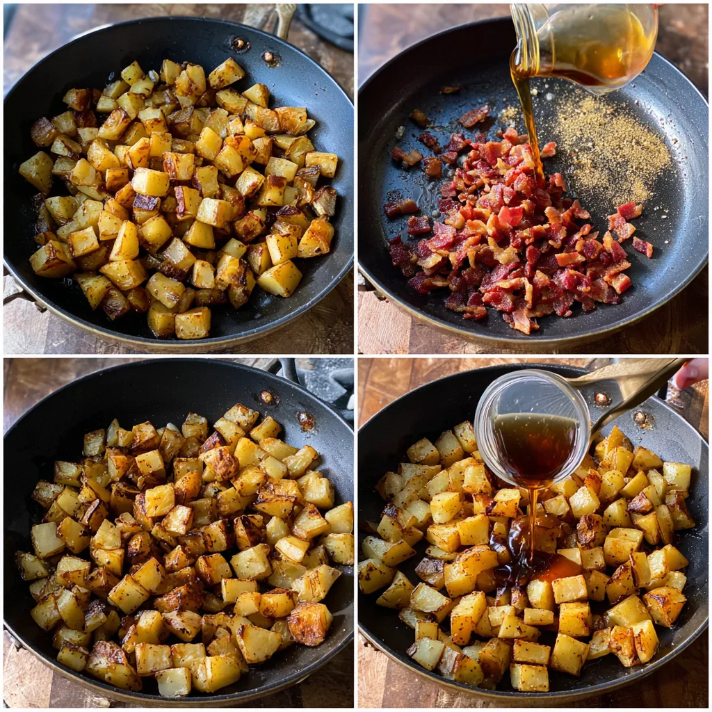 Bangin’ Breakfast Potatoes: Irresistibly Crispy Savory Brunch Delight 4 Cooking steps for Bangin’ Breakfast Potatoes – browning, adding bacon, garlic, and syrup