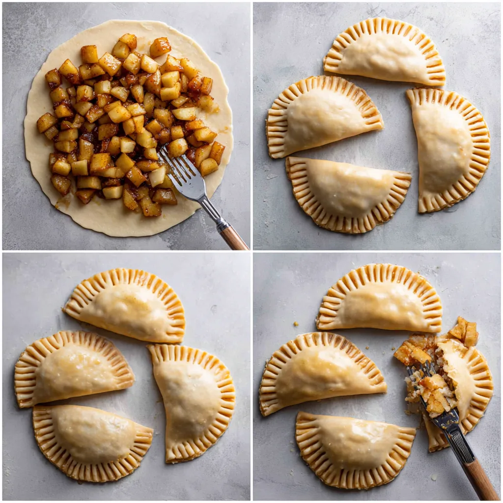 Caramel Apple Hand Pies: Irresistible Holiday Treat for Thanksgiving Desserts 4 Step-by-step collage showing how to make Caramel Apple Hand Pies from dough to golden bake.