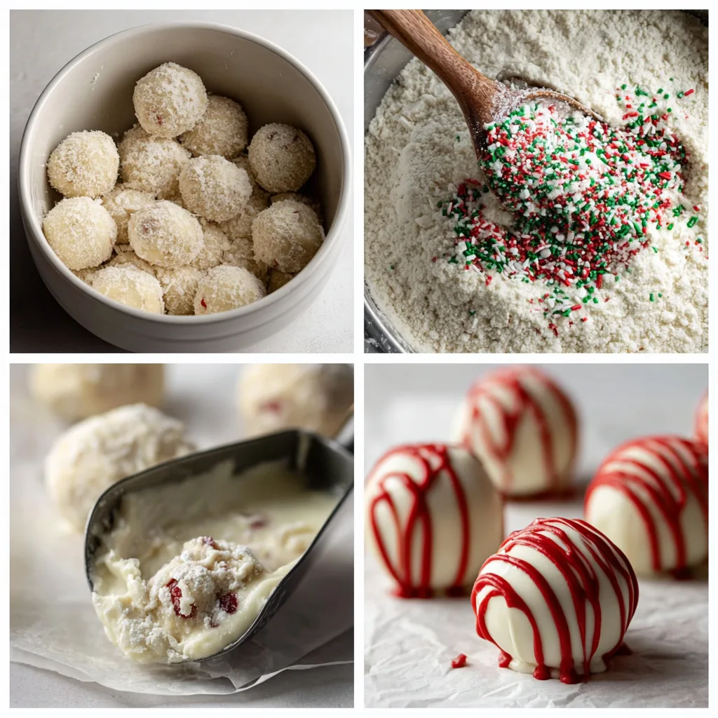 Christmas Tree Cake Delight: Festive Mini Treats to Spark Holiday Joy 4 4-step collage showing how to make Christmas Tree Cake truffles: crumble, mix, roll, dip and decorate.