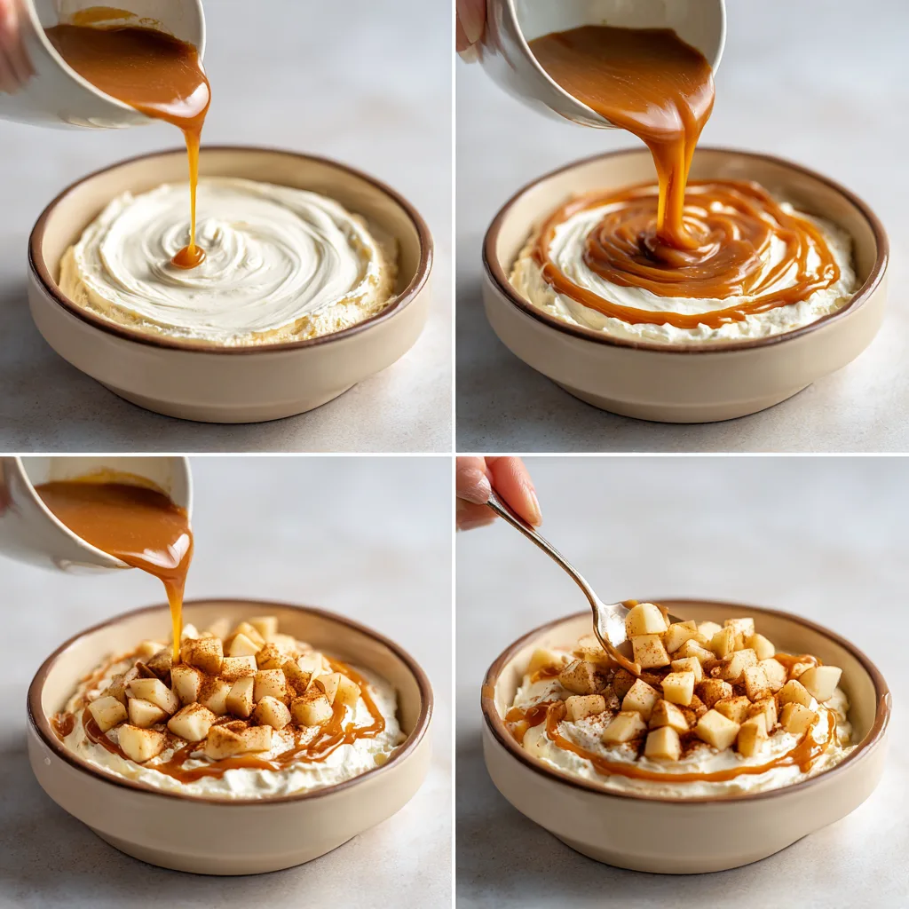 Cream Cheese Caramel Apple Dip Brings Sweet Joy to Thanksgiving Desserts 4 Step-by-step making of Cream Cheese Caramel Apple Dip in four panels