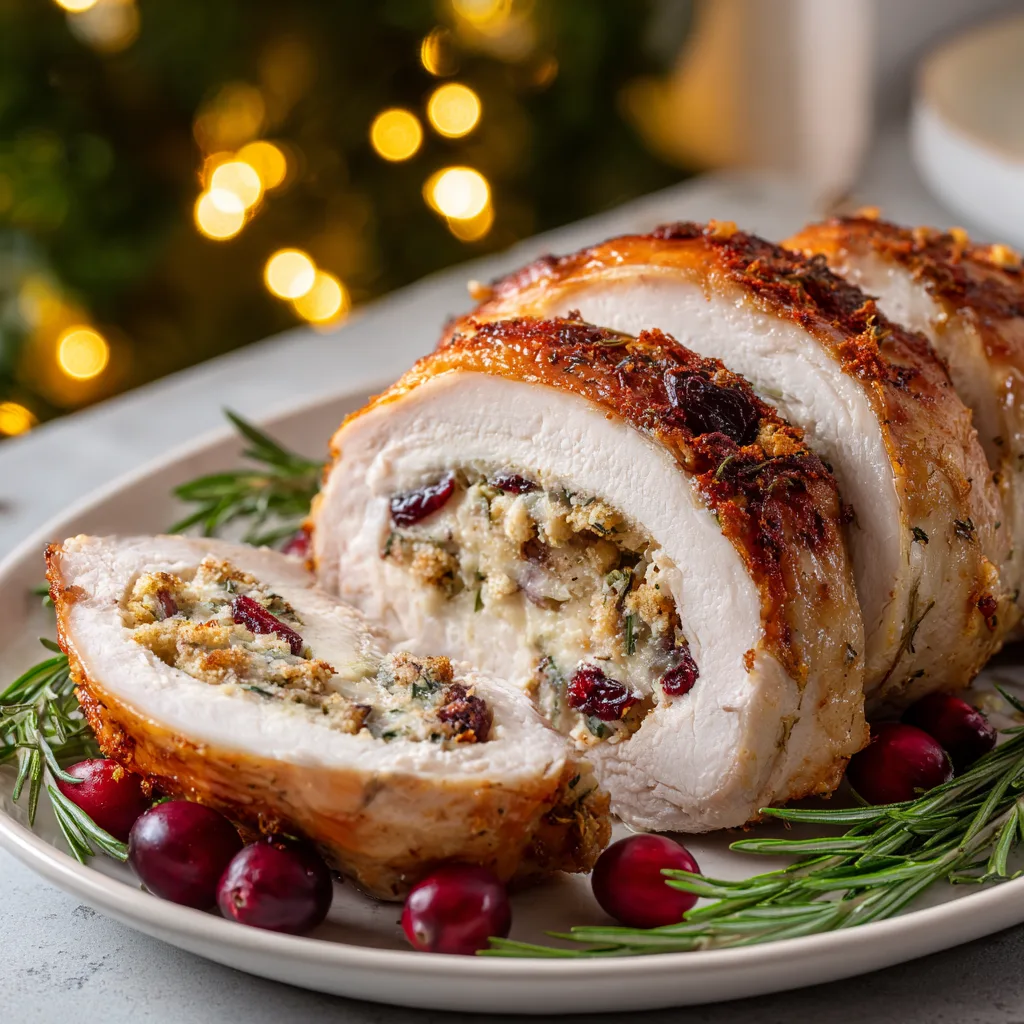 Best Christmas Stuffed Turkey Breast: Festive, Flavorful Centerpiece for Your Holiday Table 2 Best Christmas Stuffed Turkey Breast roasted with herbs and cranberries on white platter