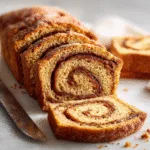 Cinnamon Swirl Pumpkin Loaf sliced on counter with visible cinnamon sugar swirl