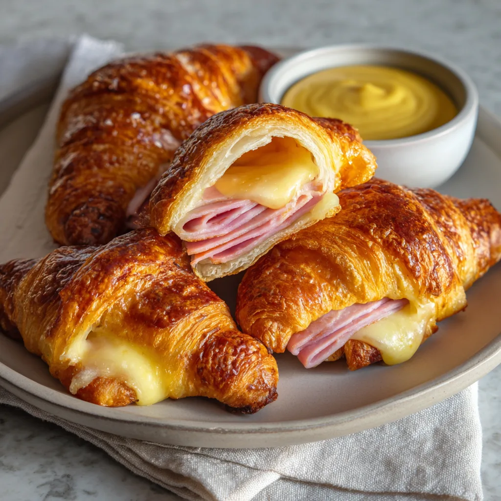 Delightful Baked Ham and Cheese Croissants for an Easy Brunch Treat 5 Serving Baked Ham and Cheese Croissants with melted cheese and ham layers.
