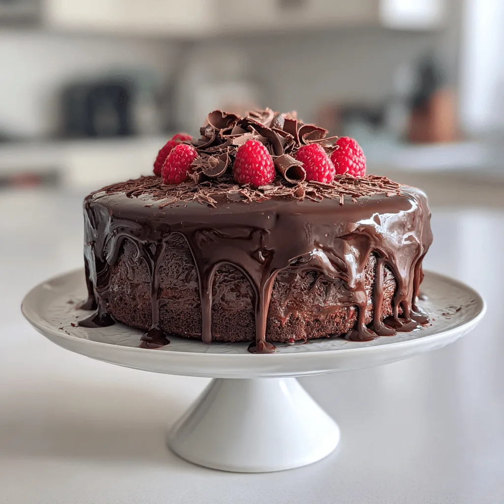 Decadent Chocolate Cake with ganache, curls, and raspberries