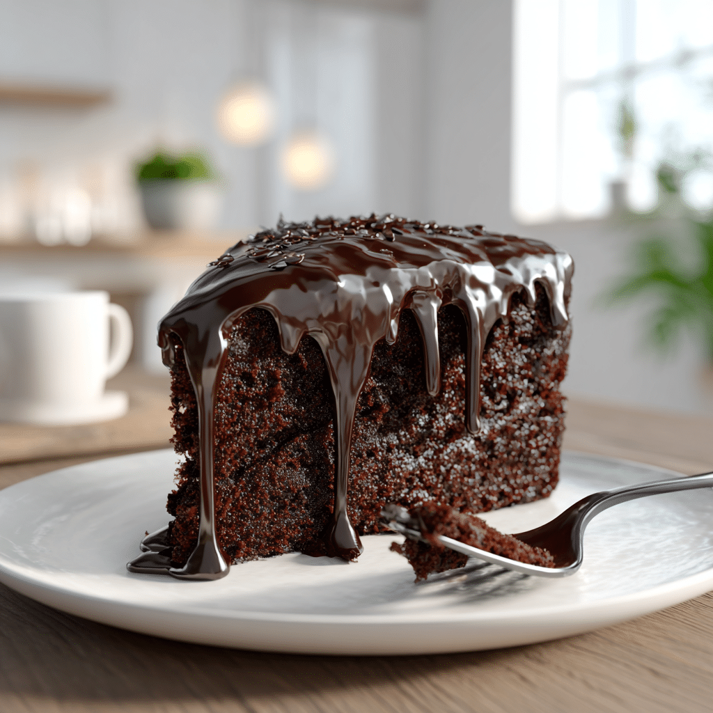 Slice of decadent chocolate cake on plate with fork