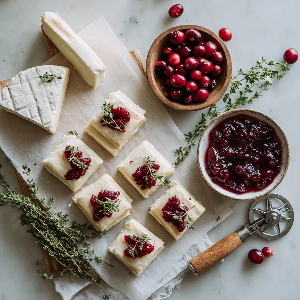 Ingredients for Cranberry Brie Tartlets with Thyme including puff pastry and cranberries