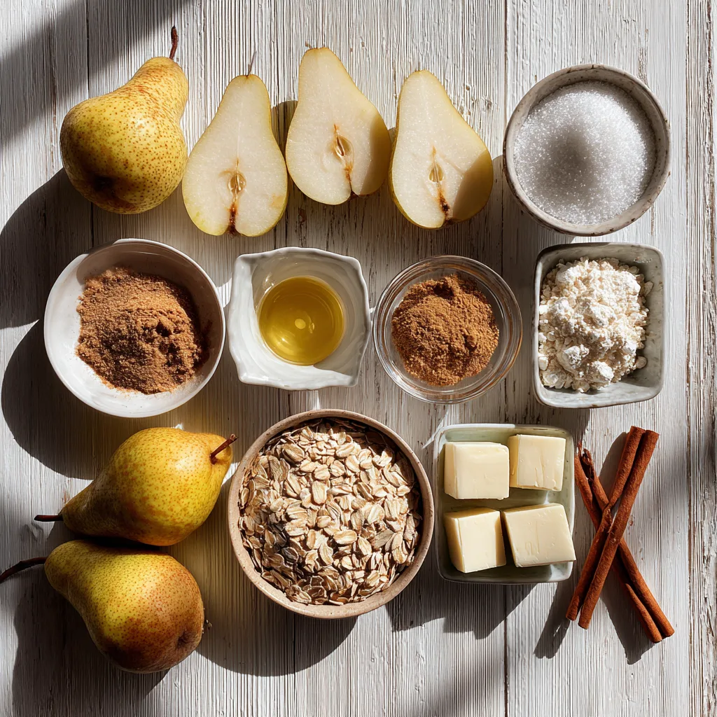 Spiced Pear Crisp: A Cozy, Irresistible Thanksgiving Dessert 3 Spiced Pear Crisp ingredients on a wooden kitchen counter