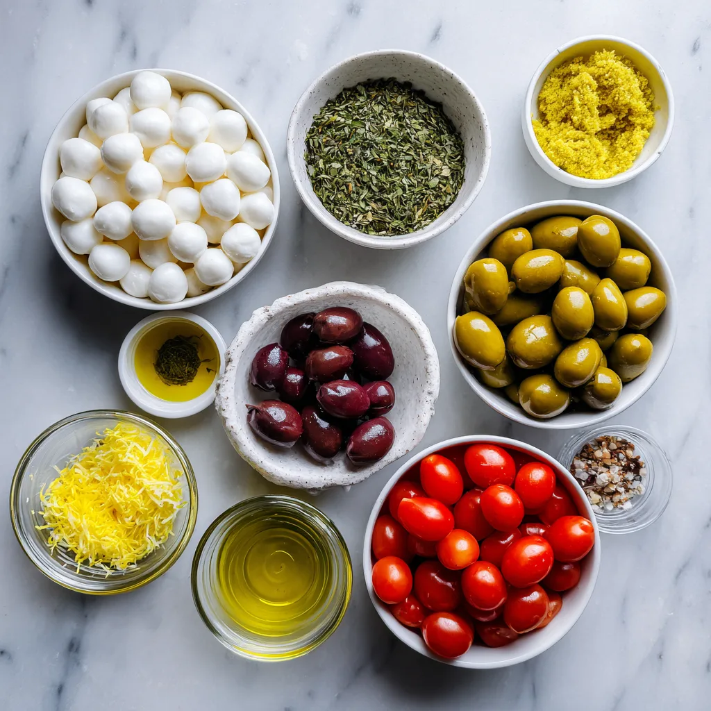 Ingredients for Marinated Mozzarella & Olive Holiday Cups with herbs, garlic, and olive oil
