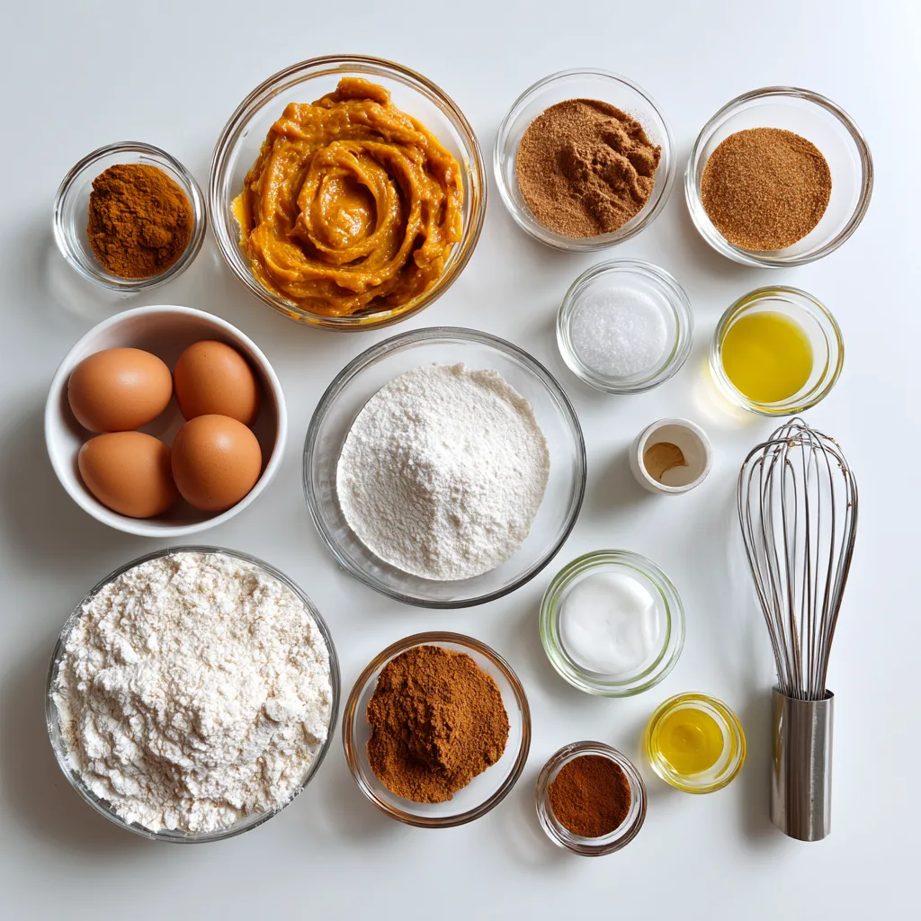 Cinnamon Swirl Pumpkin Loaf for Memorable Thanksgiving Desserts 3 Ingredients for Cinnamon Swirl Pumpkin Loaf arranged on a white surface