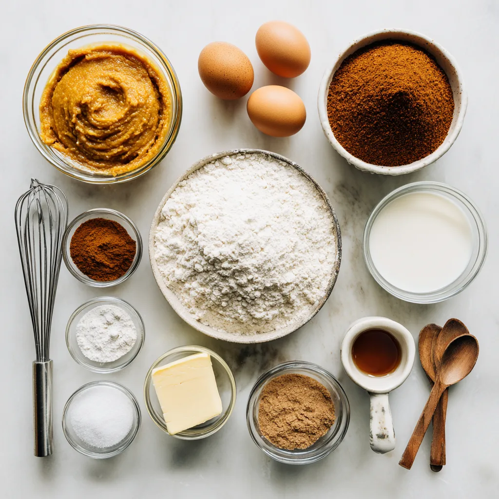 Pumpkin Cinnamon Roll Muffins: Irresistibly Warm Thanksgiving Desserts for Everyone 3 Ingredients for Pumpkin Cinnamon Roll Muffins neatly arranged on a marble counter