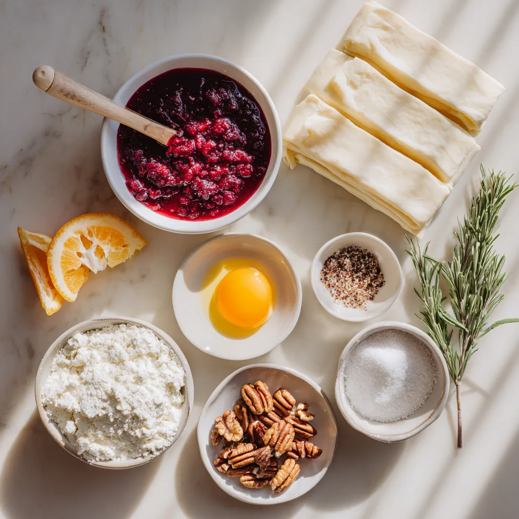 Ingredients for Cranberry Brie Pastry Twists on kitchen counter