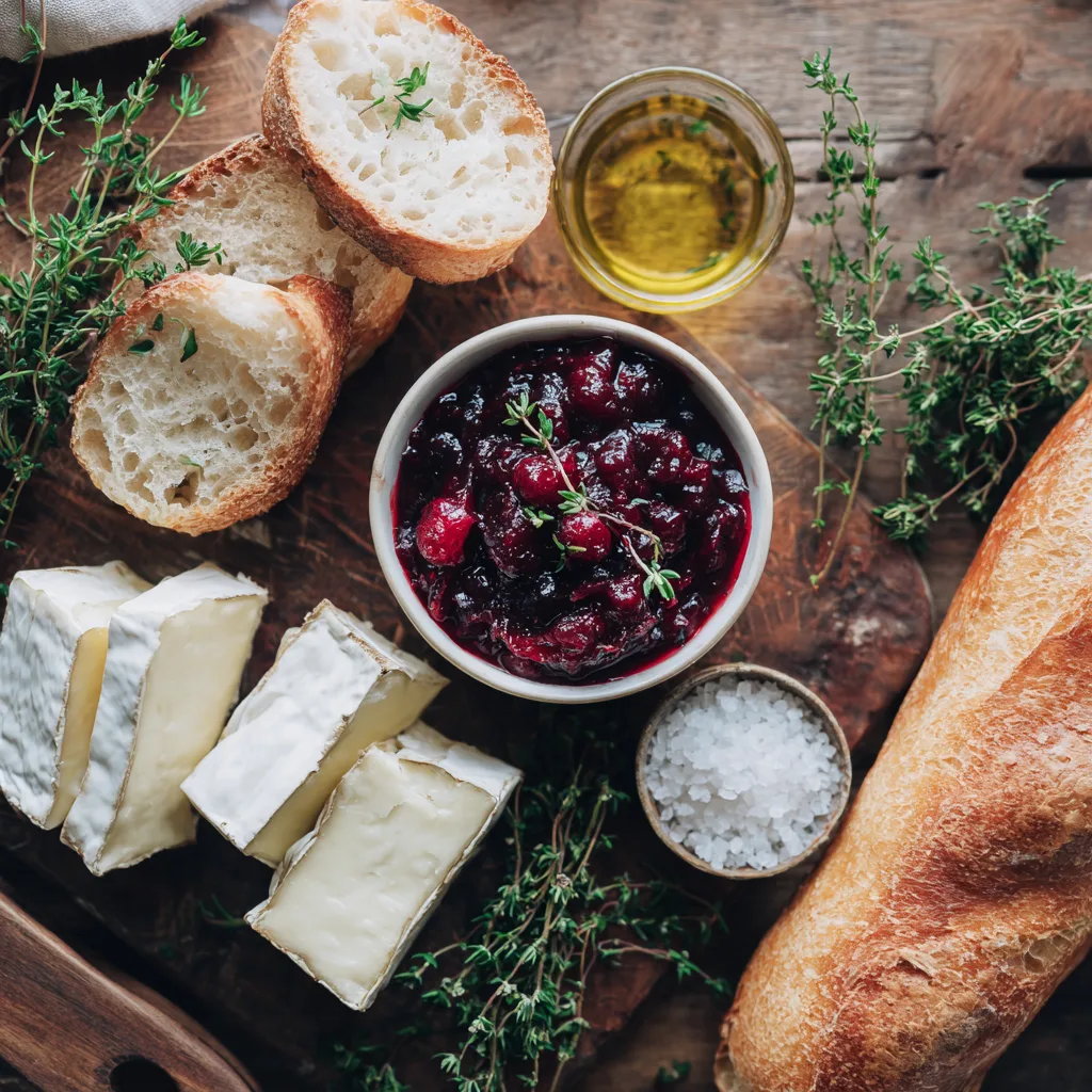 Ingredients for Festive Brie and Cranberry Crostini on a wooden table