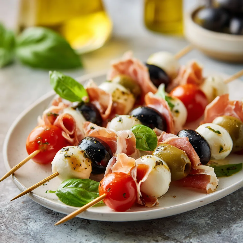 Italian Antipasto Skewers with Mozzarella & Olives: Perfect Christmas Appetizers That Wow! 4 Italian Antipasto Skewers with Mozzarella & Olives