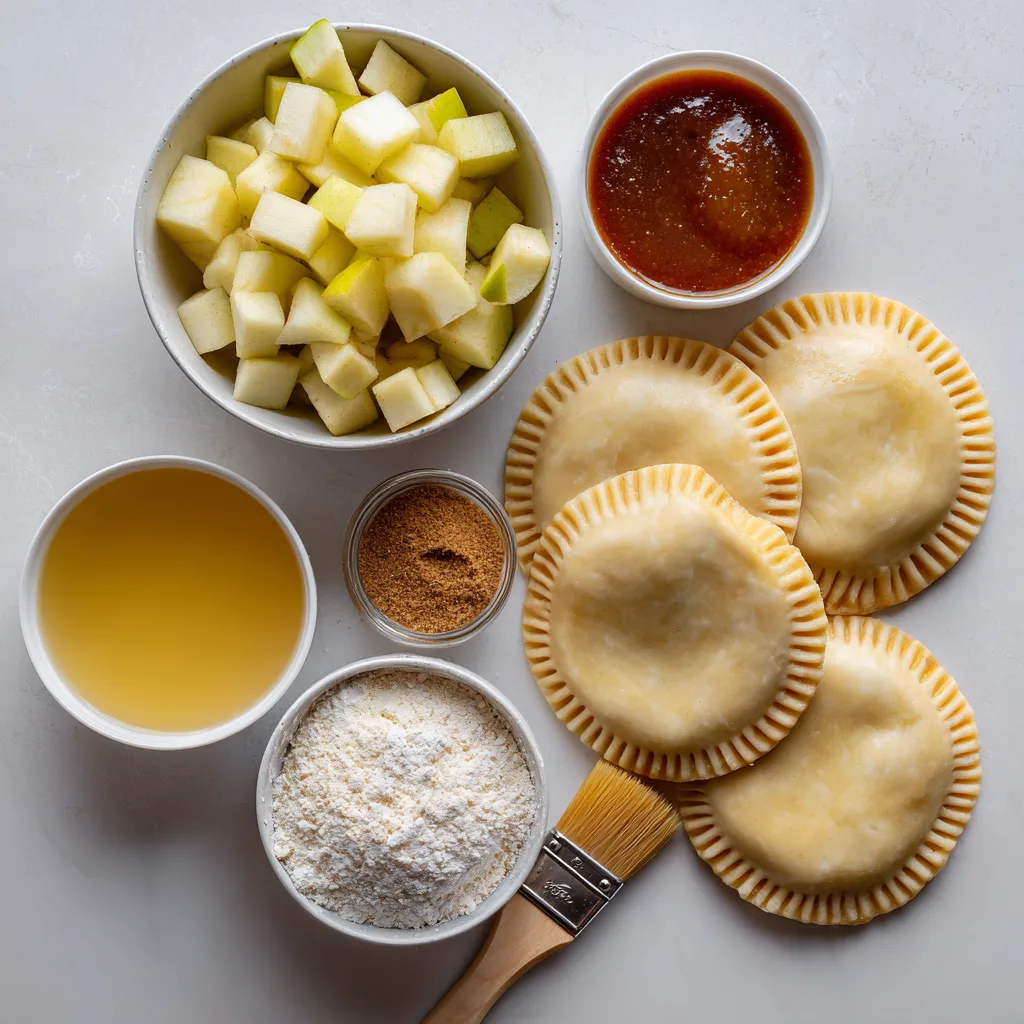 Caramel Apple Hand Pies: Irresistible Holiday Treat for Thanksgiving Desserts 3 Ingredients for Caramel Apple Hand Pies including apples, brown sugar, caramel, and pie dough.