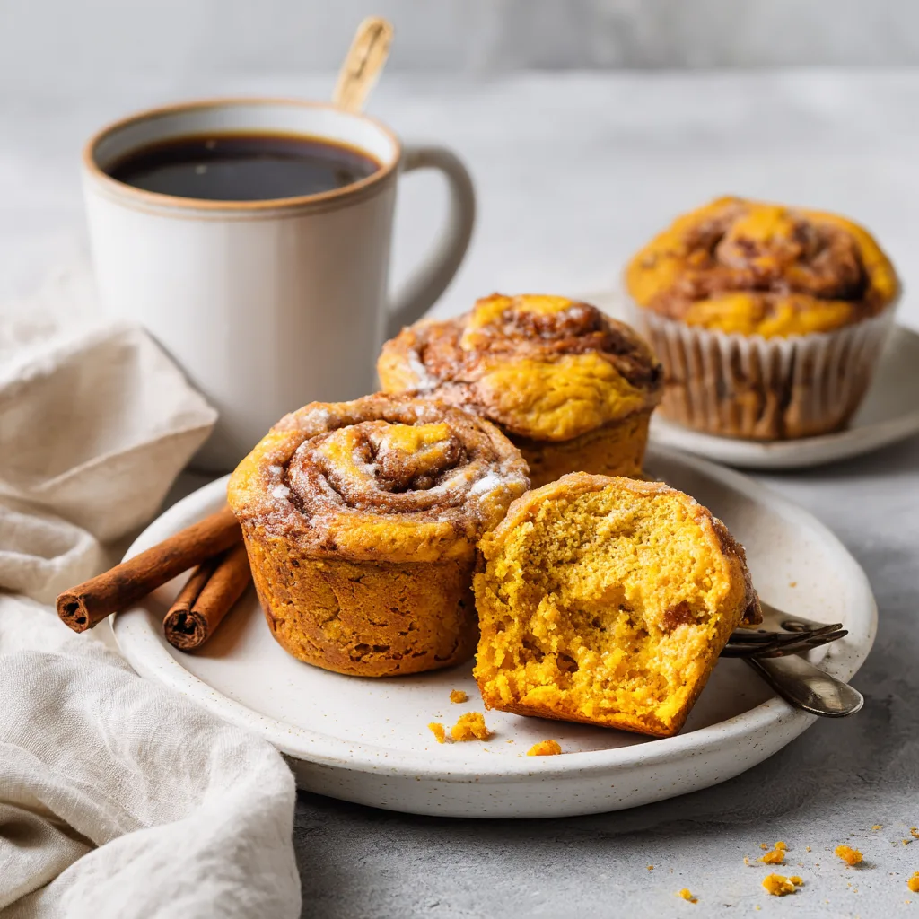 Pumpkin Cinnamon Roll Muffins: Irresistibly Warm Thanksgiving Desserts for Everyone 5 Pumpkin Cinnamon Roll Muffins served with coffee showing cinnamon swirl inside