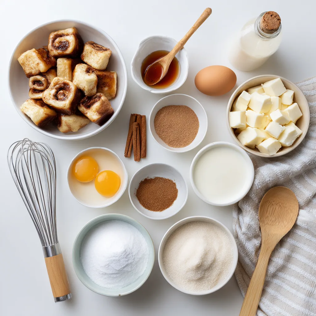 Ingredients for Cinnamon Roll Bread Pudding on white table