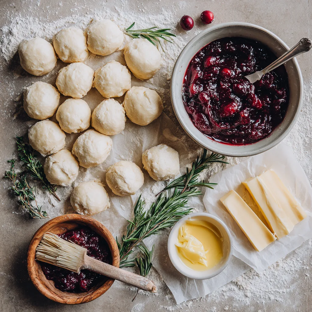 Cranberry Brie Pull-Apart Bread Wreath – Irresistible Christmas Appetizers for Holiday Cheers 3 Cranberry Brie Pull-Apart Bread Wreath ingredients – brie, cranberry sauce, brioche dough, rosemary