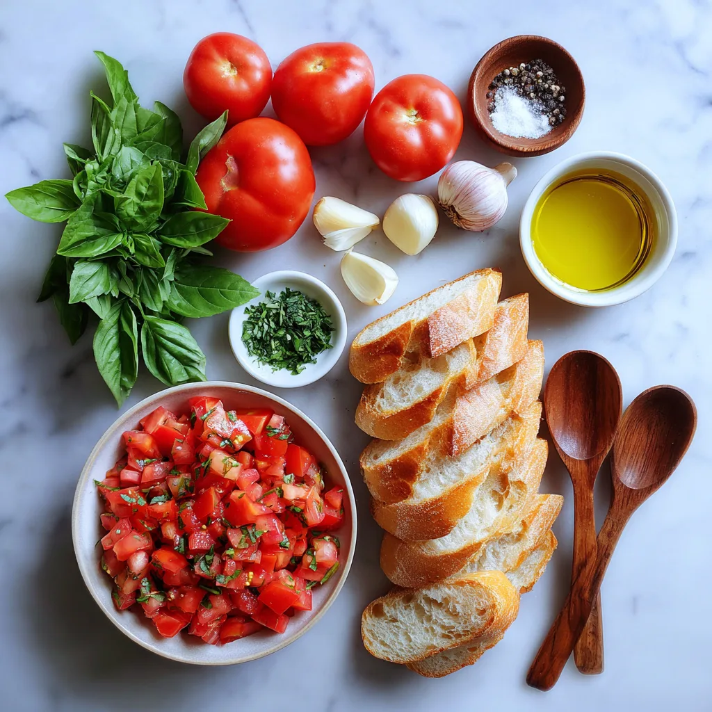 Ingredients for Mini Bruschetta with Tomato & Basil – fresh tomatoes, basil, and baguette slices