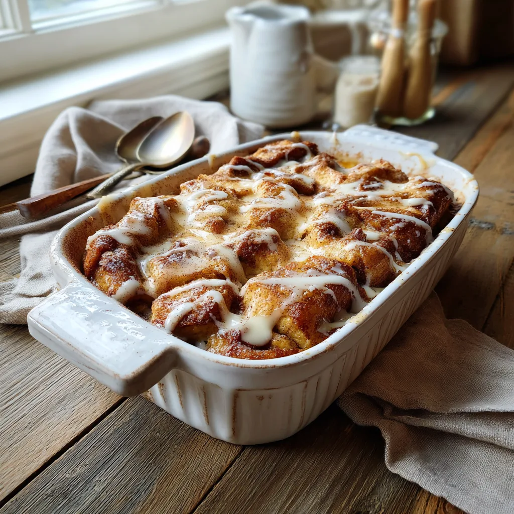 Warm Cinnamon Roll Bread Pudding with vanilla glaze