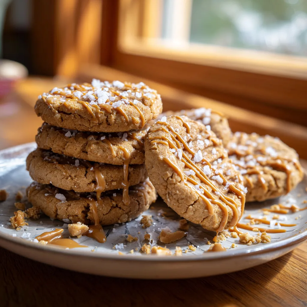Served Salted PB Butter Cookies on plate with peanut butter drizzle.