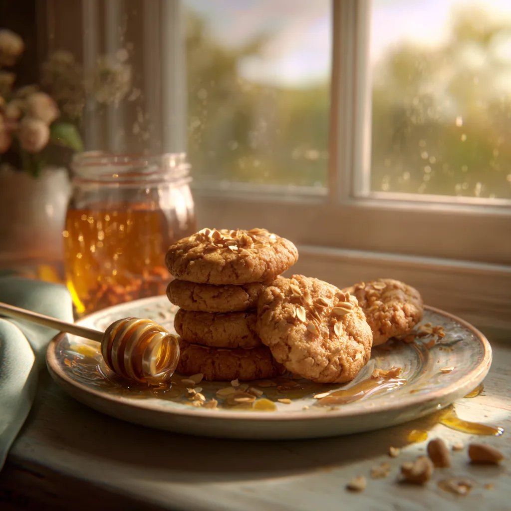 Peanut Butter Honey Cookies: Sweet, Slightly Salty Peanut Butter Cookies to Brighten Your Day 5 Peanut Butter Honey Cookies Served on Plate with Honey